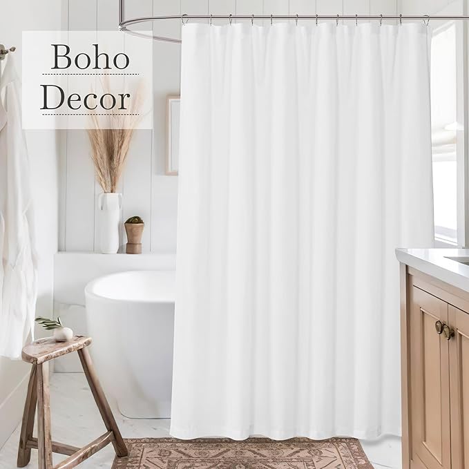 KGORGE White Linen Shower Curtain - Semi Sheer Leaf Shape Lightweight Button Hole Half Privacy Quick Dry Shower Curtains for Bathroom Bathtub Decor, White, 36 x 72 inches Long, Hooks Included