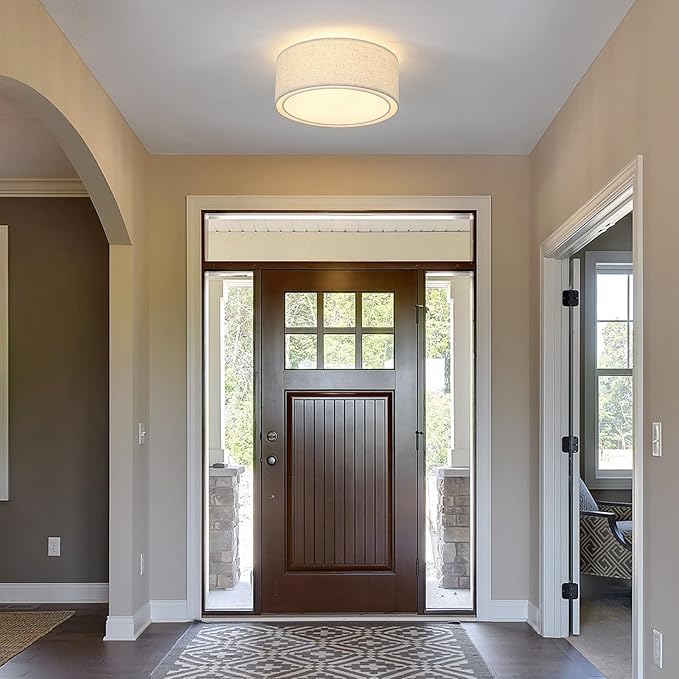 Luupyia 12.59 Inches Fabric Drum Ceiling Light Fixture, 3-Lights White Simple Semi Flush Mount Ceiling Lights with Double Fabric Shade, Drum Overhead Lighting for Bedroom Hallway E26, 60W