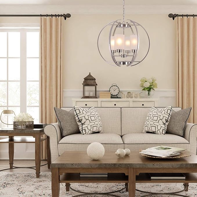 Globe Brushed Nickel Chandelier Dining Room Light Fixture Modern 24" Kitchen Chandeliers Over Table Hanging Industrial Pendant Lights for Island Foyer Restaurant