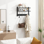 Homode Coat Rack Wall Mount, 2 Tier Wall Shelf with Hooks, 17" Wooden Coat Hanger with Shelf Entryway Key Holder, Floating Shelves for Hanging Hats Keys Towels Jackets Purse Backpack, Black