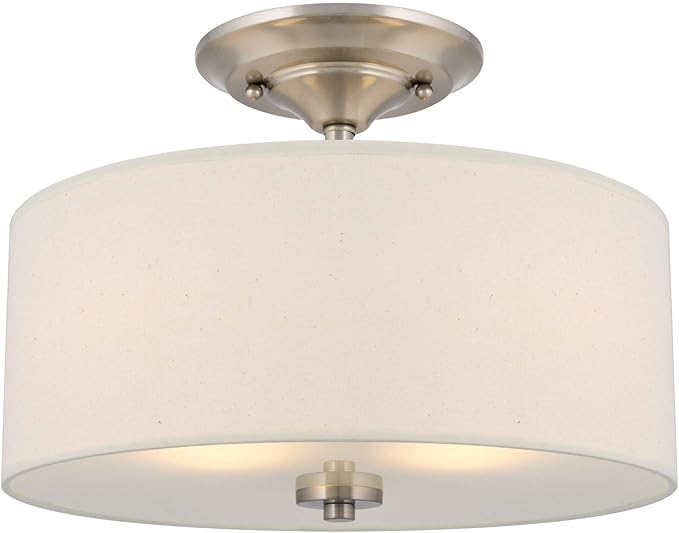 Kira Home Addison 13" 2-Light Semi-Flush Mount Ceiling Light Fixture with Off-White Fabric Drum Shade, Brushed Nickel Finish