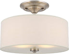 Kira Home Addison 13" 2-Light Semi-Flush Mount Ceiling Light Fixture with Off-White Fabric Drum Shade, Brushed Nickel Finish