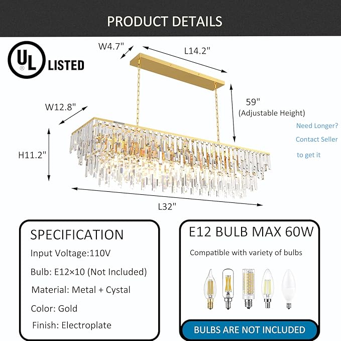 Rectangle Dining Room Chandelier, 32" Gold Modern Rectangle Luxury Crystal Chandelier 10 Lights Top K9 Linear Ceiling Pendant Light Fixture for Dining Room Kitchen Table Living Room