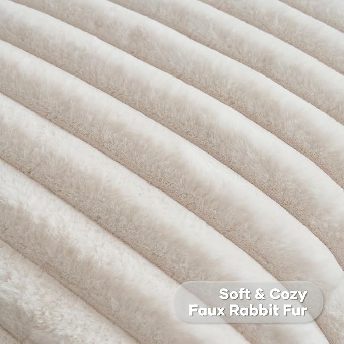 FUTEI Beige Striped Decorative Throw Pillow Covers 22x22 Inch Set of 2,Square Spring Decorations Couch Pillow Case,Soft Cozy Faux Rabbit Fur & Velvet Back,Modern Home Decor for Bed