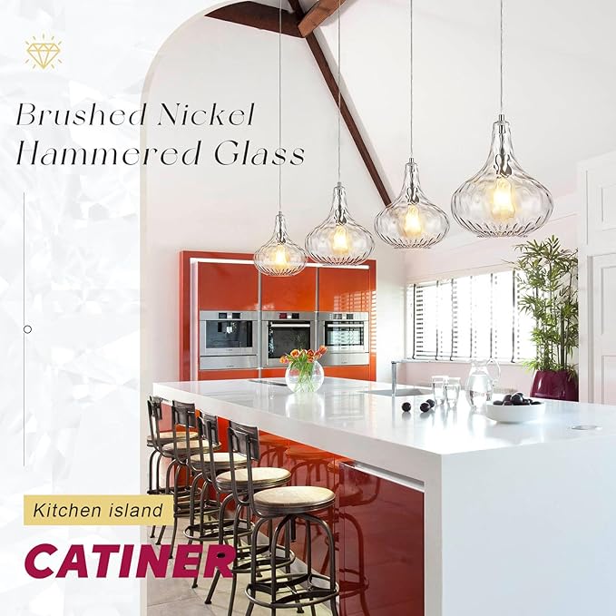 Glass Pendant Light Brushed Nickel 11-inch Hammered Pendant Lighting for Kitchen Island, Kitchen Sink, Hallway, Living Room