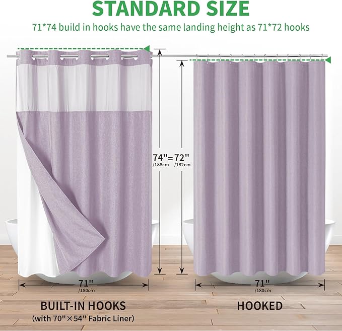 No Hooks Needed Linen Textured Shower Curtain with Snap-in Fabric Liner Set,Hotel Luxury Decor Shower Curtains for Bathroom with Mesh Top Window,Waterproof & Washable,71Wx74H,Lavender