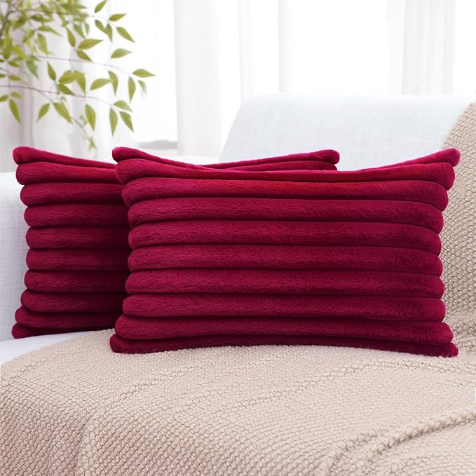 decorUhome Faux Fur Christmas Throw Pillow Covers 12x20 Set of 2, Decorative Soft Plush Striped Lumbar Neutral Couch Euro Pillow Covers with Velvet Back for Sofa, Bed, Living Room Home Decor, Burgundy