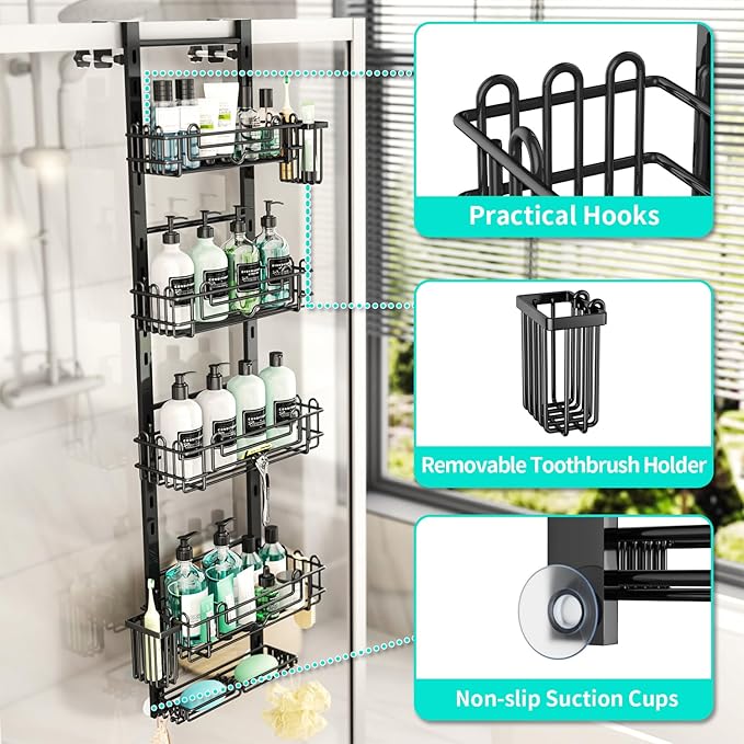 HapiRm 5 Tier Over the Door Shower Caddy, Hanging Shower Caddy with 28 Hooks and 2 Toothbrush Holders, No Drilling Adjustable Hanging Bathroom Organizer - Black