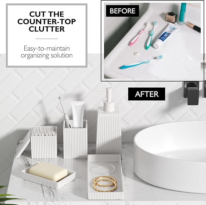 Bathroom Set - White Bathroom Accessories Set, 5PCS Ceramic Bathroom Accessory Set, Bathroom Sets with Soap Dispenser, Toothbrush Tumbler, Soap Dish, Q-tip Holder & Vanity Tray