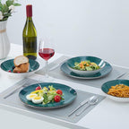 Bestone Porcelain Dinnerware Sets Service for 4, 12 pcs Hand drawn Plates and Bowls Sets, Handmade Ceramic Dish Set, Chip Resistant Modern Plate Set, Dishwasher/Microwave Safe，Starburst Green