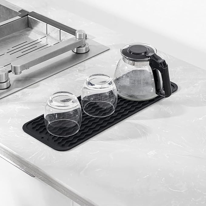 Silicone Dish Drying Mat for Multiple Usage,Easy clean,Eco-friendly,Heat-resistant Silicone Mat for Kitchen Counter,Sink,Bar,Bottle,or Cup Black M 17 inches x 6 inches