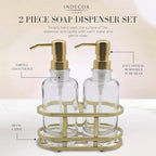 3 Piece Round Heavy Weight Glass Soap Lotion Pump Dispenser Set with Metal Caddy for Home Bath Kitchen Travel Office Hand Crafted Metal Tray Brushed Gold