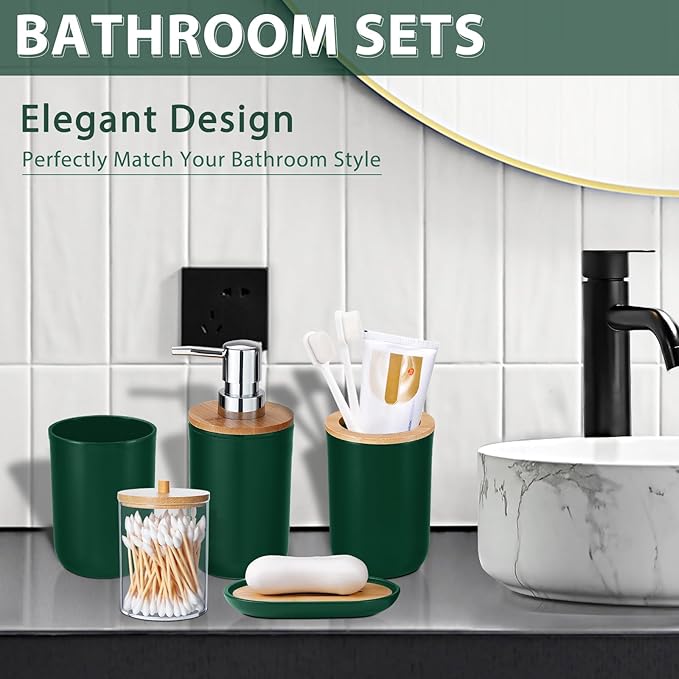 iMucci Bathroom Accessories Set 5Piece Hunter Green Bathroom Sets, Toothbrush Holder, Toothbrush Cup, Lotion Soap Dispenser, Soap Dish and Qtip Holder Bathroom Decor