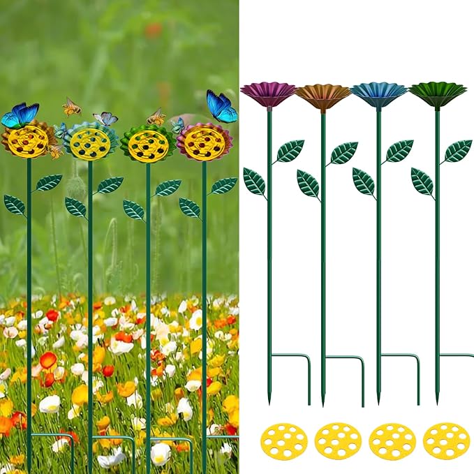 4 Pack Metal Garden Bee DrinkingPlatform, Flower Bee Bath Basin, Outdoor GardenCourtyard Decorative Colorful Butterfly Bee Bath Basin(Red,Green,Blue,Yellow)