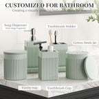 Bathroom Accessories Set, 6-Piece Resin Green Bathroom Set with Toothbrush Holders, Soap Dispenser, Vanity Tray, Tumbler, Cotton Swab Jars, Modern Bathroom Organizer for Small Spaces