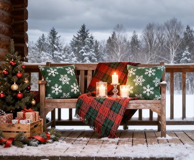 Soft Chenille Christmas Pillow Covers 20x20 Set of 2, Reversible Snowflake & Tree Pattern, Thick & Cozy Farmhouse Holiday Decor Cushion Cases with Hidden Zipper for Sofa Couch Bed(Green,20x20)