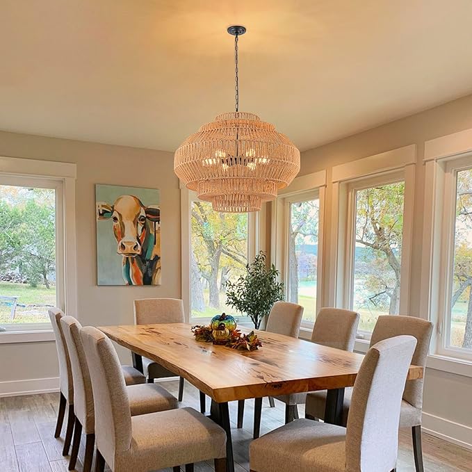 Large Rattan Chandelier Boho Pendant Light Fixture Dinning Room Chandelier Boho Hanging Light 31.5IN Basket Light Woven Rattan Pendant Light for Kitchen Island Hallway Bedroom Farmhouse Living Room