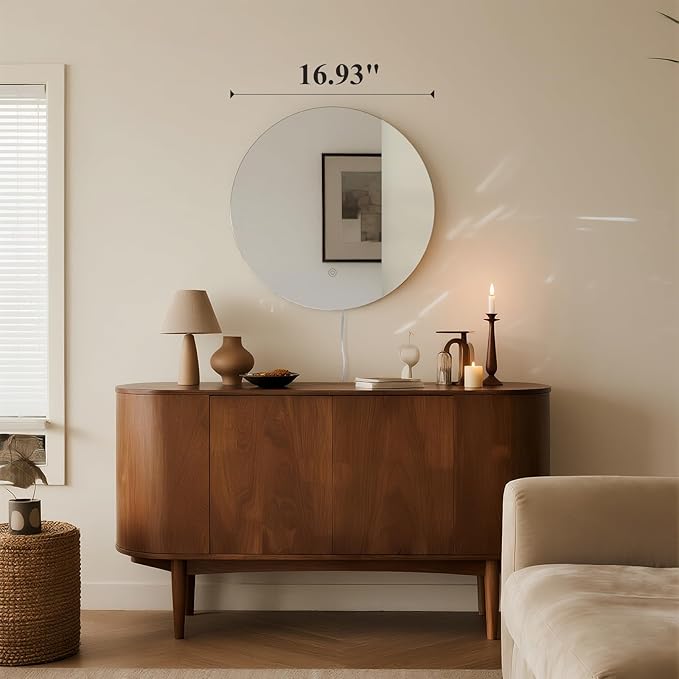 ONEWISH LED Wall Sconce, Dimmable Mirror Wall Lamp,16.93 inch Round Wall Lights for Bedroom with Memory Function, Wall Lamps for Living Room Entryway, Silver