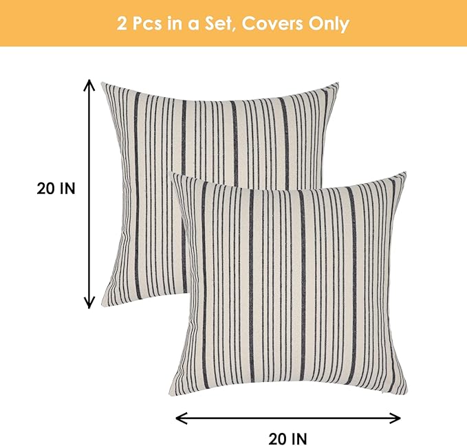 Black Pillow Covers Farmhouse Linen Throw Pillow Covers Striped Outdoor Decorative Square Throw Pillows for Couch Sofa Bed 20x20 in Pack of 2 Black and Cream