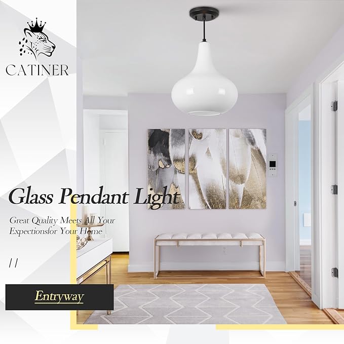 11" Milk White Glass Pendant Light, Blown Glass Hanging Ceiling Light Fixture with Black Finish, Large Vintage Modern Pendant Lamp for Kitchen Island, Sink, Hallway, Living Room