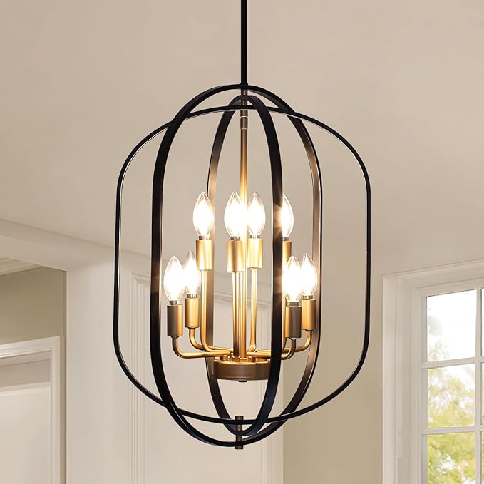 Black and Gold Chandelier for Dining Room, 8-Light Farmhouse Entryway Light Fixture Adjustable Pendant Lights Kitchen Island Rustic Kitchen Chandelier for Entryway, Living Room, Foyer