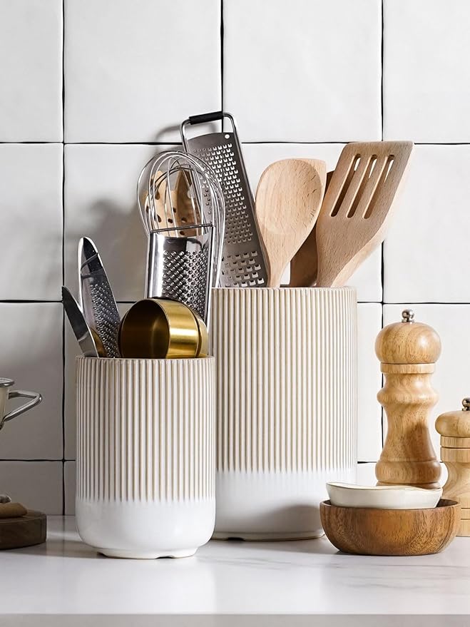 LE TAUCI Utensil Holder, 7.3"+5.4" Ceramic Kitchen Utensil Holder for Countertop, Large Cooking Utensil Crocks Gift for Mom, Boho Farmhouse Kitchen Decor, Set of 2, Reactive Glaze Arctic White