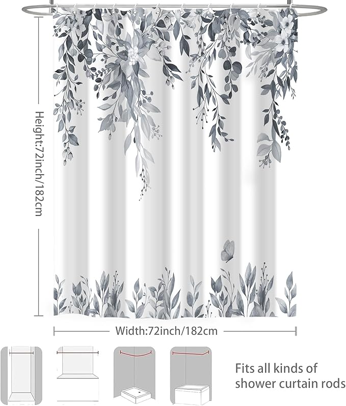 Eucalyptus Shower Curtain, Blue Grey Watercolor Leaves with Floral Botanical Bathroom Decor, Waterproof Fabric Bath Curtain Set with Hooks, 72x72 Inches