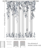 Eucalyptus Shower Curtain, Blue Grey Watercolor Leaves with Floral Botanical Bathroom Decor, Waterproof Fabric Bath Curtain Set with Hooks, 72x72 Inches