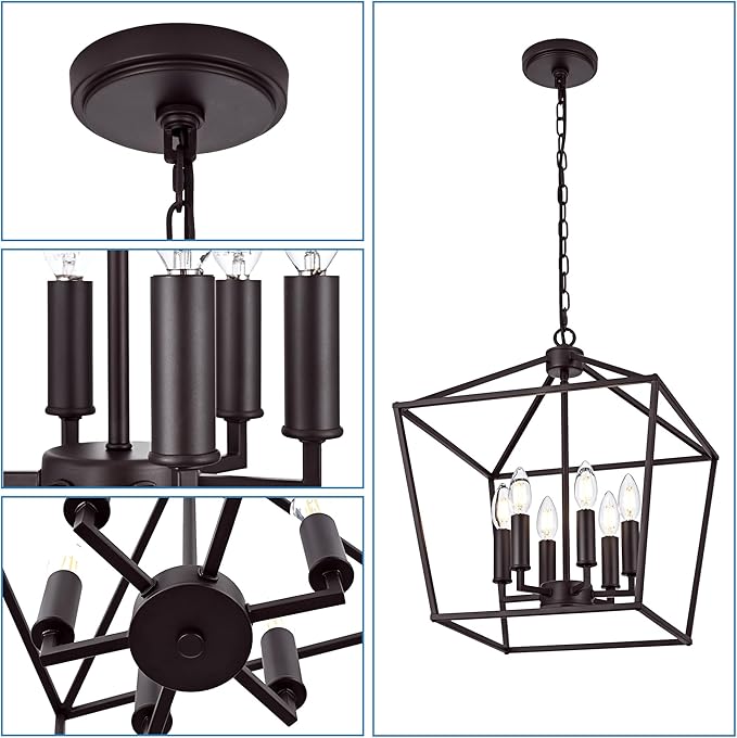 MELUCEE 16 Inches Farmhouse Chandelier 6-Light Oil Rubbed Bronze Cage Hanging Lights Rustic Lantern Pendant Lighting for Kitchen Island Dining Room Foyer Hallway, E12 Base