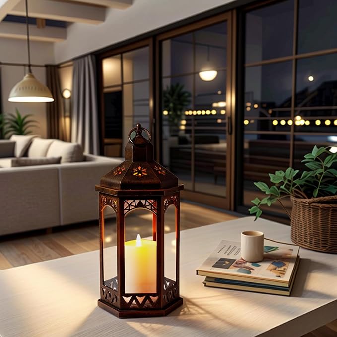 LED Hexagon Lantern with Flameless LED Candle, Unique Shape and Pattern to Give an Upscale Garden Party Vibe. Suitable for Home and Outdoor Usage or Wedding.Battery Powered (Black)