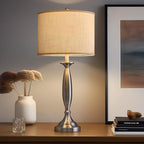Oneach 27" Modern Table Lamps Set of 2 for Living Room Bedroom with USB A+ C Charging Port,Brushed Steel Bedside Lamps for Night Stands,Fabric Drum Shade Nightstand Lamp Light for End Tables Home