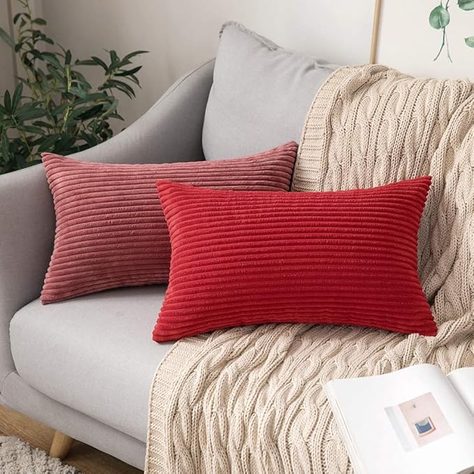 MIULEE Winter Pack of 2 Corduroy Pillow Covers 12 x 20 Inch Lumbar Christmas Throw Pillow Covers Red Pillowcases for Sofa Bedroom Couch