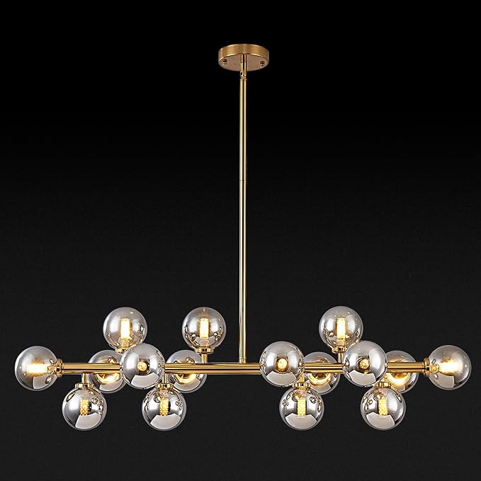 16-Light Globe Sputnik Chandelier, Mid Century Modern Light Fixture Over Table, Brass Gold Linear Chandeliers for Dining Room and Kitchen Island (Smoke Grey Glass Bubble Shades, 40 Inch)