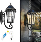 Emliviar Exterior LED Solar Wall Sconce with Remote Control, 24'' Front Door Wall Lantern with Water Grain Glass Shade, Waterproof Solar Black Wall Light with E26 Bulb, YXE302MB-SL BK