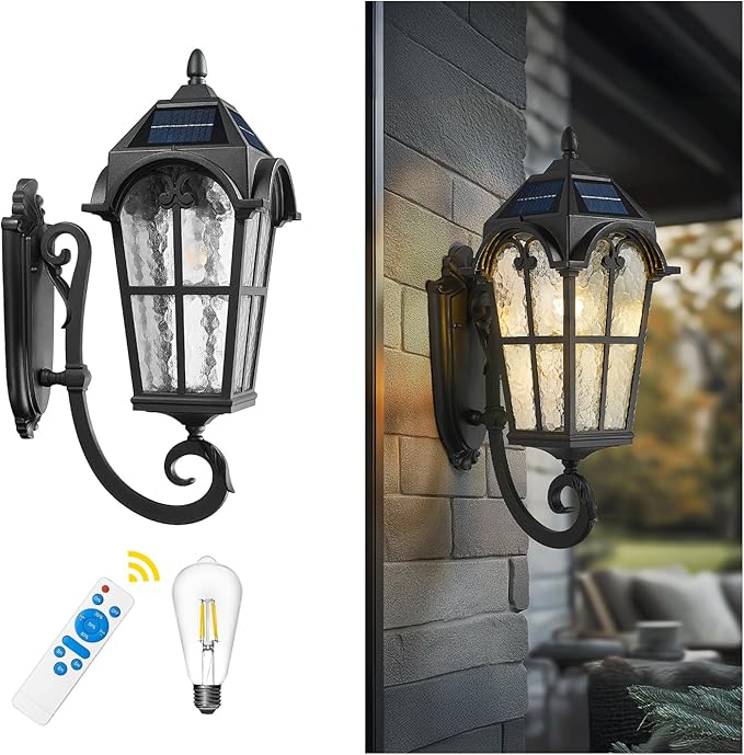 Emliviar Exterior LED Solar Wall Sconce with Remote Control, 24'' Front Door Wall Lantern with Water Grain Glass Shade, Waterproof Solar Black Wall Light with E26 Bulb, YXE302MB-SL BK