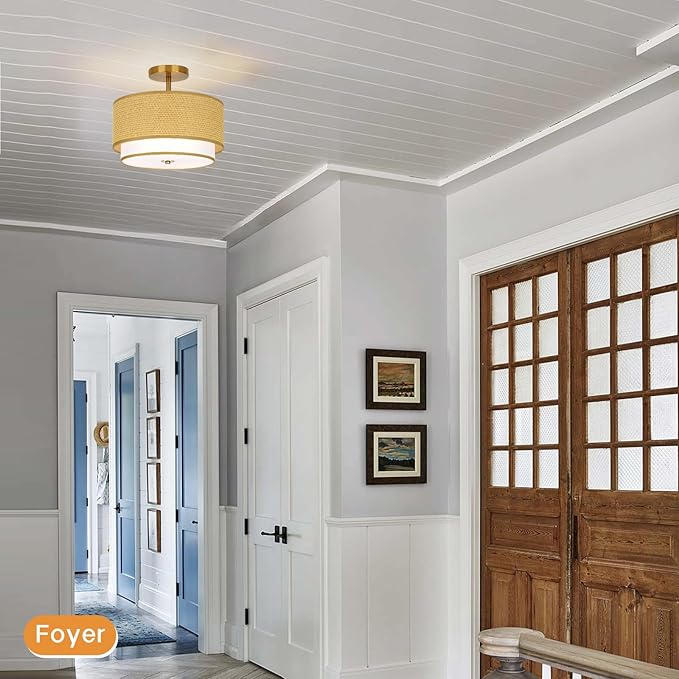 Boho Light Fixtures Woven Rattan-Style Flush Mount Ceiling Light, 12.6inch Closed to Ceiling Light Fixture with 2-Tier Drum Design for Bedrooms, Kitchen, Dining Room, Hallway