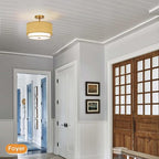 Boho Light Fixtures Woven Rattan-Style Flush Mount Ceiling Light, 12.6inch Closed to Ceiling Light Fixture with 2-Tier Drum Design for Bedrooms, Kitchen, Dining Room, Hallway