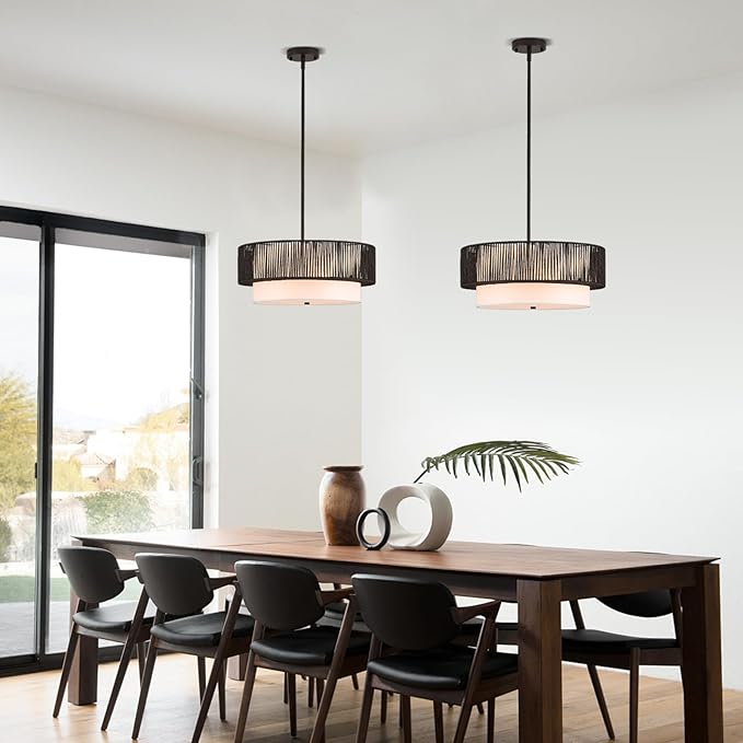 19" Black Rattan Chandeliers Vintage Farmhouse Hand-Woven Wicker Light Fixtures with Bamboo Chandelier Light Fixture Fabric Shade Boho Rattan Hanging Light for Dining Room,Bedroom,Entryway