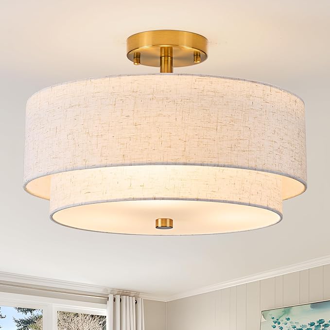3-Light Semi Flush Mount Ceiling Light,16" Close to Ceiling Light Fixtures with Farmhouse Fabric Linen Shade, Double Drum Gold Flush Mount Ceiling Light for Bedroom Living Room Kitchen Dining Room
