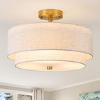 3-Light Semi Flush Mount Ceiling Light,16" Close to Ceiling Light Fixtures with Farmhouse Fabric Linen Shade, Double Drum Gold Flush Mount Ceiling Light for Bedroom Living Room Kitchen Dining Room