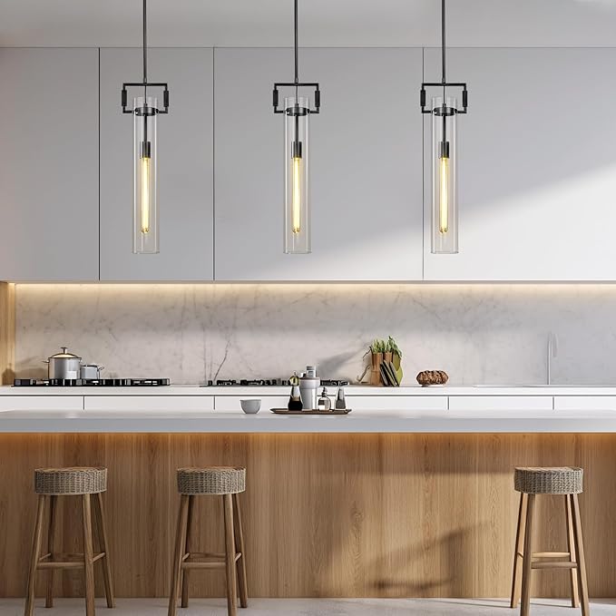 Modern Black Pendant Light, 21.6'' kitchen pendant lighting over island, Adjustable Height Glass Pendant Light Fixtures Large Pendant Lights Kitchen Island, for Dinning Room Farmhouse Bedroom Bathroom