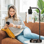 Set of 2 Industrial Table Lamps with USB Port, Rustic Black Fully Stepless Dimmable Bedside Lamps for bedrooms, Nightstand Desk Lamps with Clear Glass Shade for Reading Living Room Office 2 LED Bulb