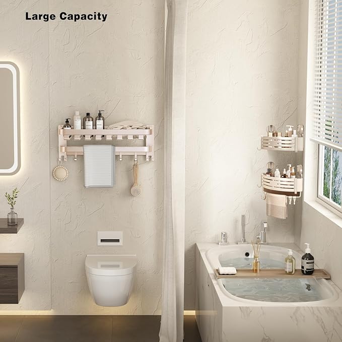 VOLPONE Corner Shower Caddy Suction Cup Shower Shelf Corner No Drilling Bathroom Shower Organizer Storage Rack Adhesive with Towel Bar (1-Pack, Ivory)