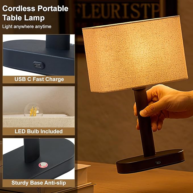 12.6" Cordless Touch Table Lamp, 5200mAh Rechargeable Desk Lamp, Stepless Dimming Modern Bedside Lamps with 3000K Warm Light LED Bulb, Nightstand Lamps for Study, Bedroom, Living Room, Office