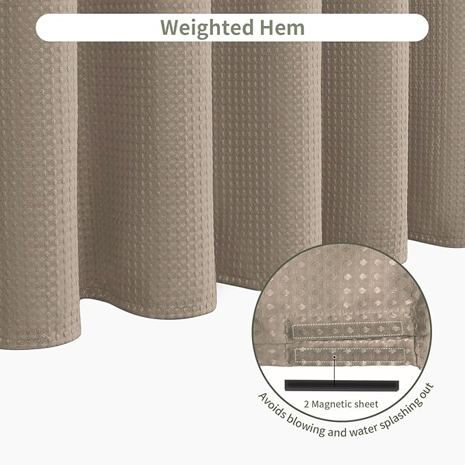 Inhousolu Fabric Shower Curtain Waffle Weave, 230 GSM Heavy Duty, Weighted Hem, 8 Metal Hooks, Water Repellent, Machine Washable, Hotel Spa Luxury Bath Curtain Set, 36 x 72 Inch, Beige