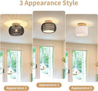 Boho Rattan Ceiling Light Fixture - 3 Style Options Wicker Semi Flush Mount Ceiling Lights,Black Bohemian Woven Basket Chandelier,Coastal Light Fixtures for Hallway Bedroom Nursery Playroom Laundry