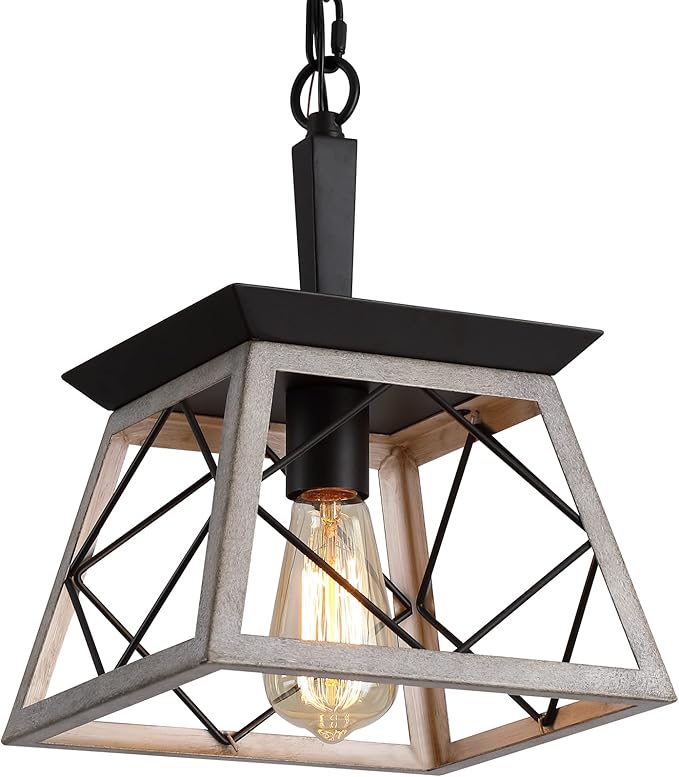 Q&S Farmhouse Pendant Light Fixture,Vintage Pendant Light Chandelier,Industrial Hanging Lighting,Wrought Iron,Oak and ORB,1 Light E26 UL Listed
