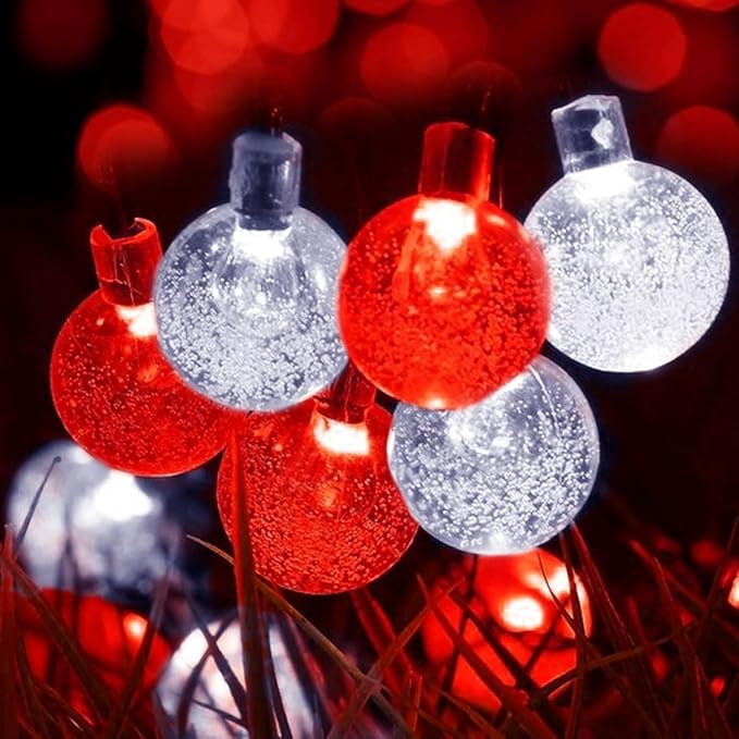 Red and White Solar Christmas String Lights, 2-Pack Total 100 LED 64FT Crystal Globe Solar Lights Outdoor Waterproof, Christmas Decorations with 8 Lighting Modes for Xmas Tree Wedding Patio Party