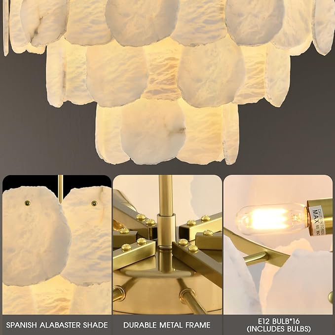 32″ Alabaster Chandelier, 16-Light Marble Round Chandelier, Modern Dining Room Chandeliers, 3 Tiers White & Brass Alabaster Chandeliers for Living Room Bedroom Bathroom Kitchen Foyer