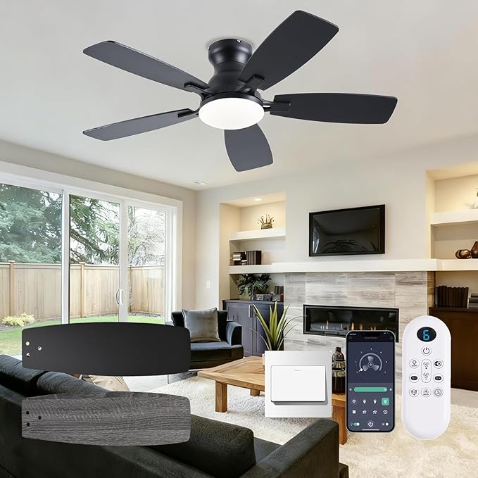 42inch Ceiling Fans with Lights, Low Profile Ceiling Fan with Light and Remote/APP Control, DC Reversible Motor, Noiseless, Flush Mount, Black Ceiling Fan for Bedroom Indoor/Outdoor Use